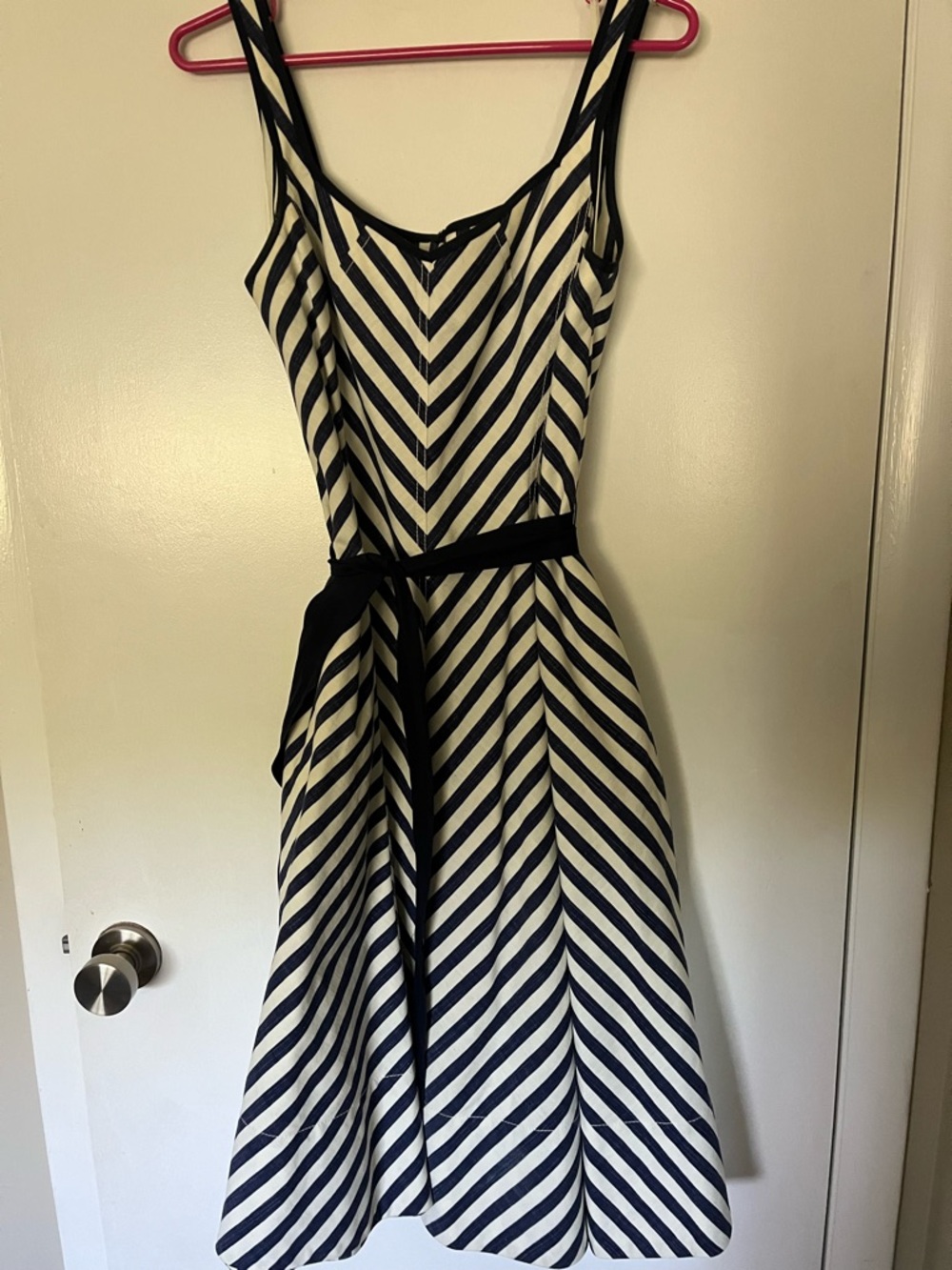Talbots Navy and White Chambray, Chevron-Striped Midi with Belt